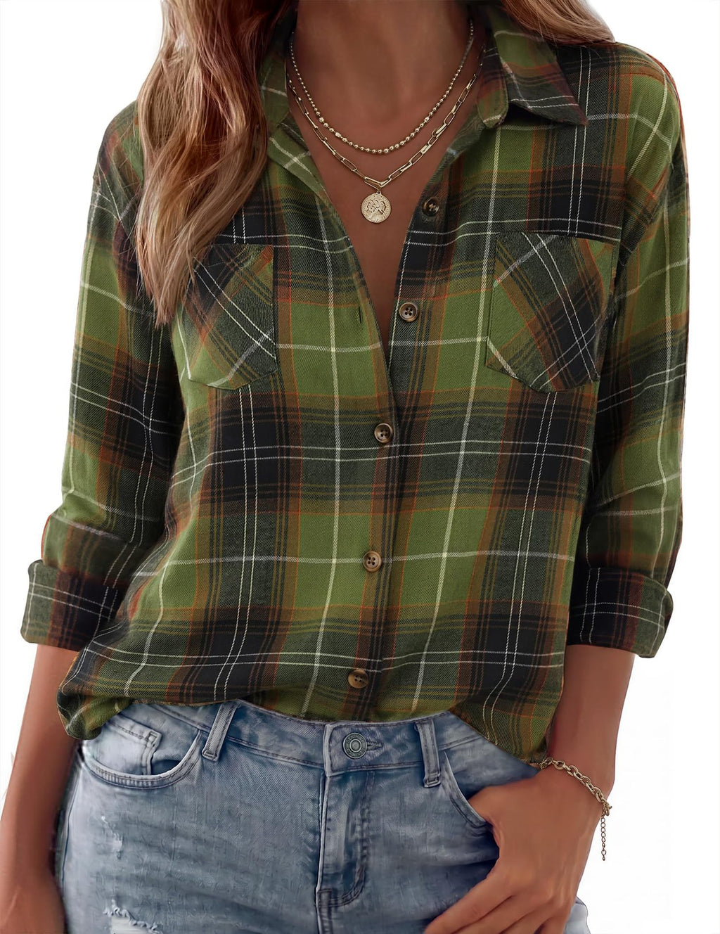 Collared Check Flannel Button Up Shirt - Green