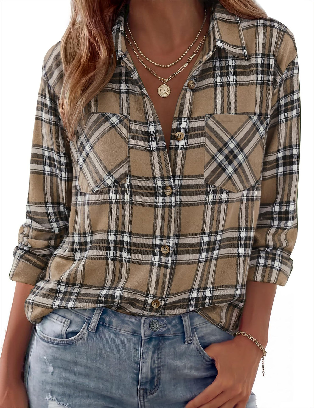 Collared Check Flannel Button Up Shirt - Khaki