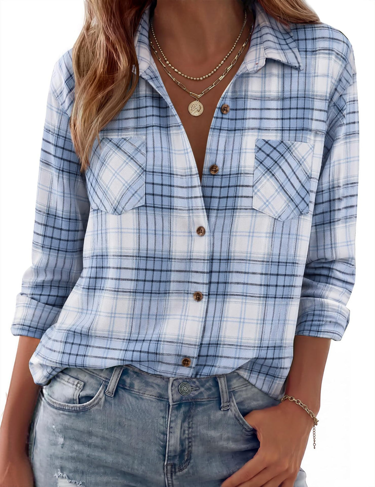 Collared Check Flannel Button Up Shirt - LtBlue