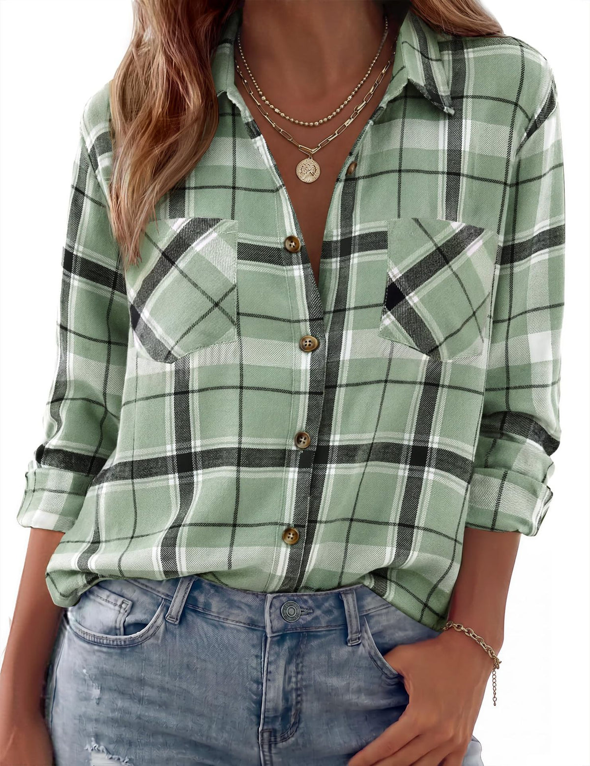 Collared Check Flannel Button Up Shirt - LtGreen