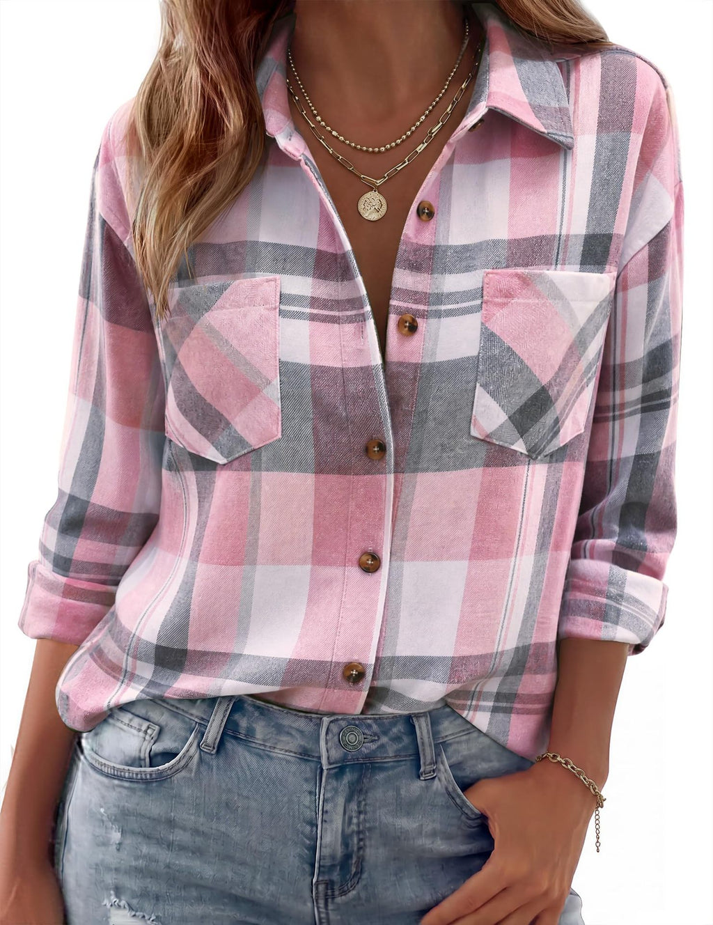 Collared Check Flannel Button Up Shirt - Pink