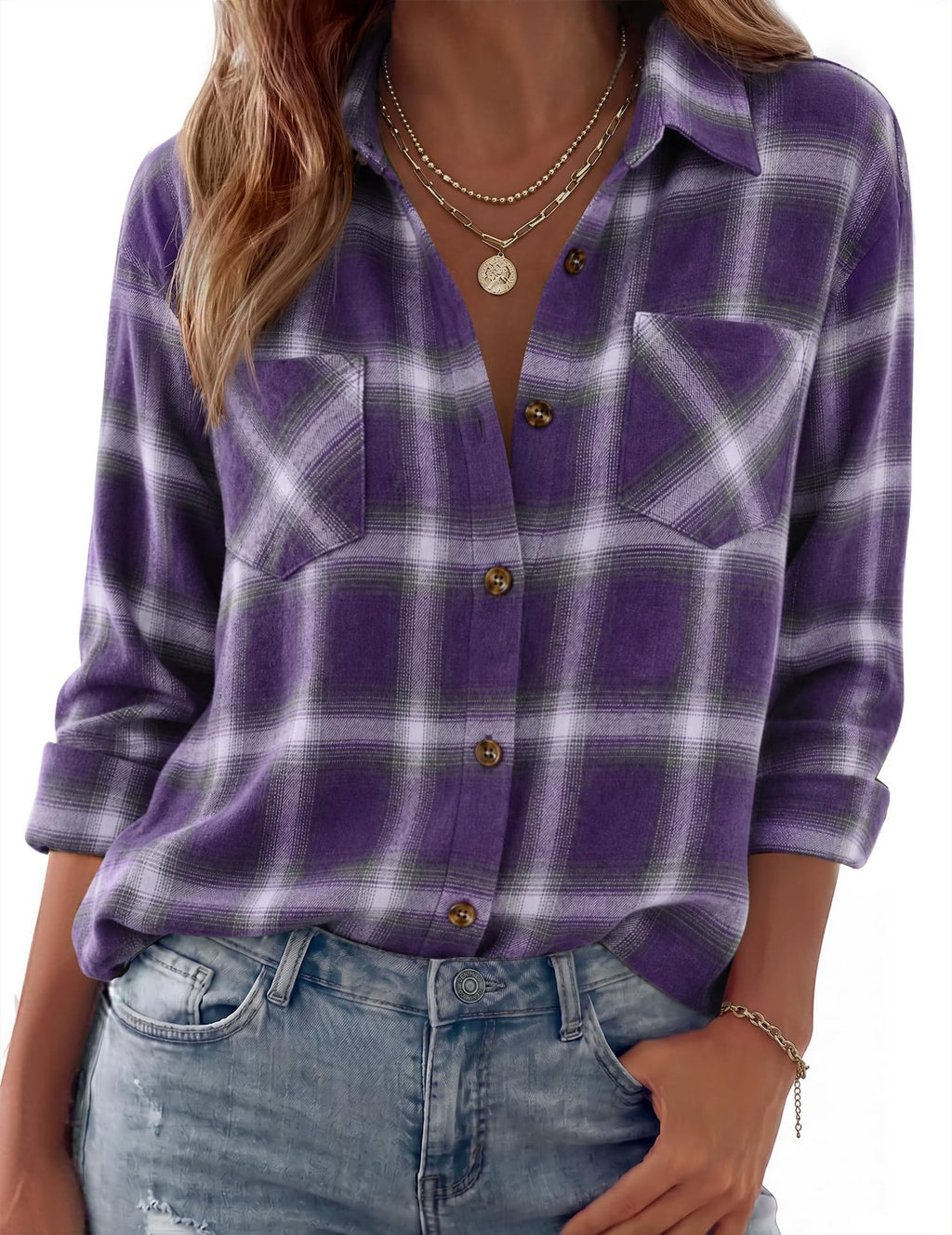 Collared Check Flannel Button Up Shirt - Purple