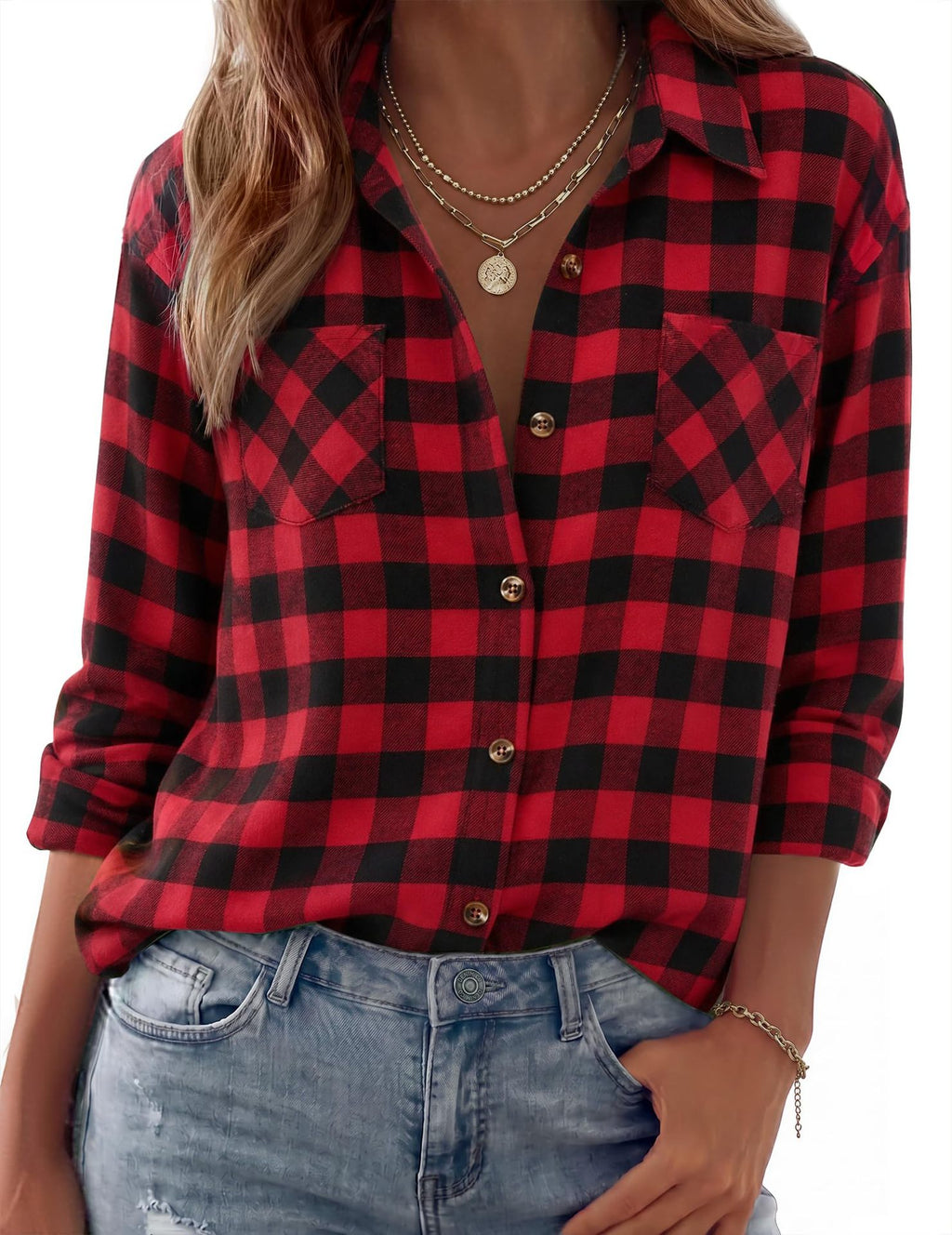 Collared Check Flannel Button Up Shirt - Red