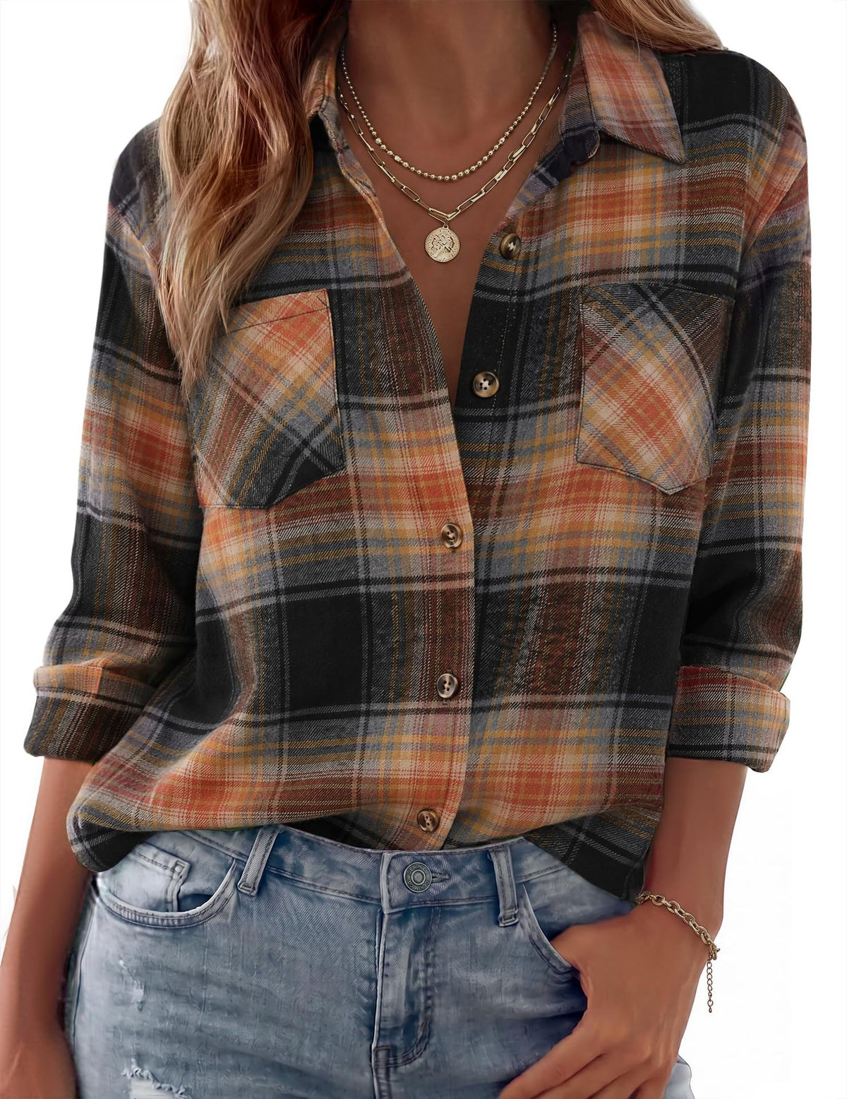 Collared Check Flannel Button Up Shirt - RedBlack
