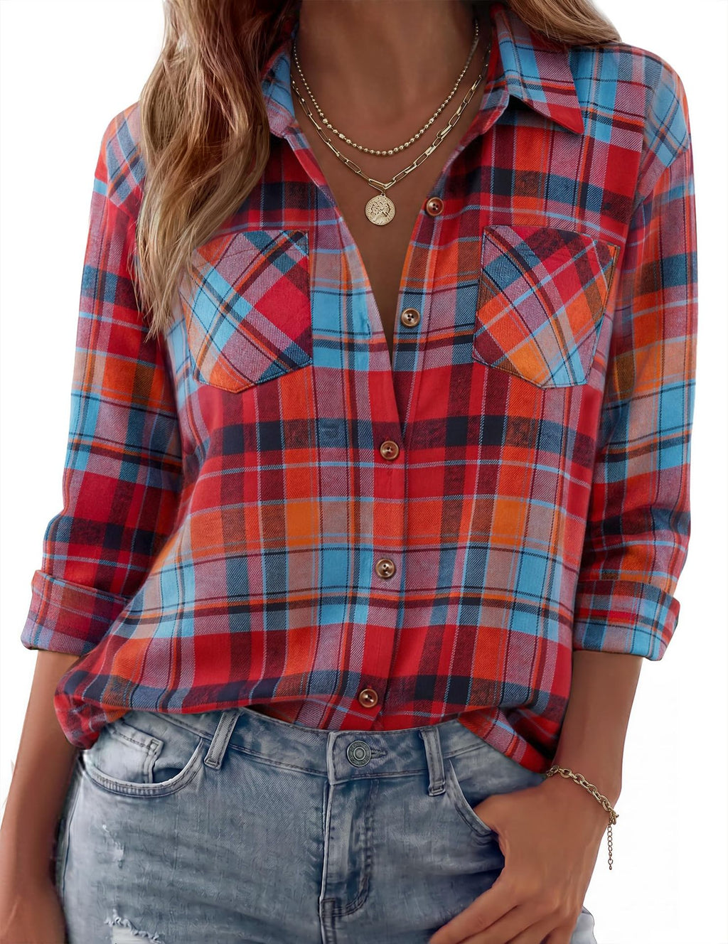 Collared Check Flannel Button Up Shirt - RedBlue