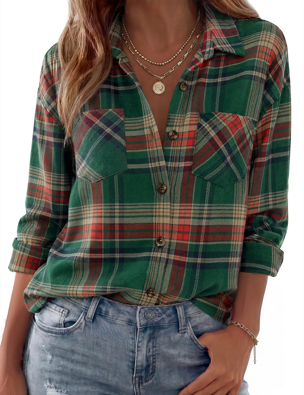 Collared Check Flannel Button Up Shirt - RedGreen