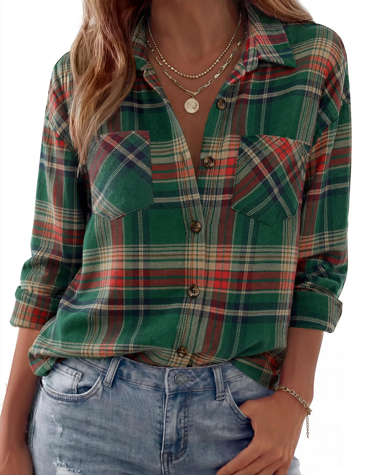 Collared Check Flannel Button Up Shirt - RedGreen