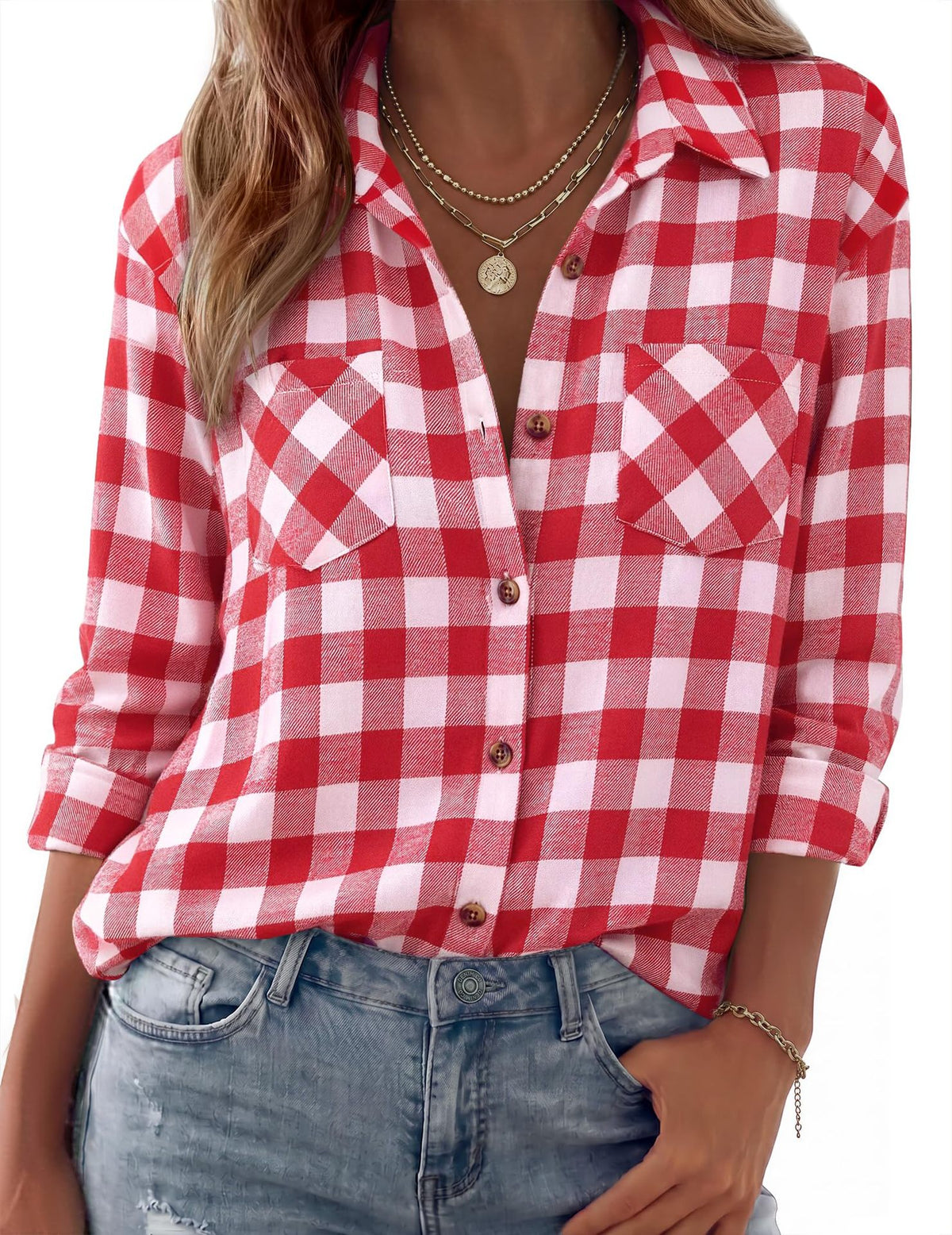 Collared Check Flannel Button Up Shirt - RedWhite