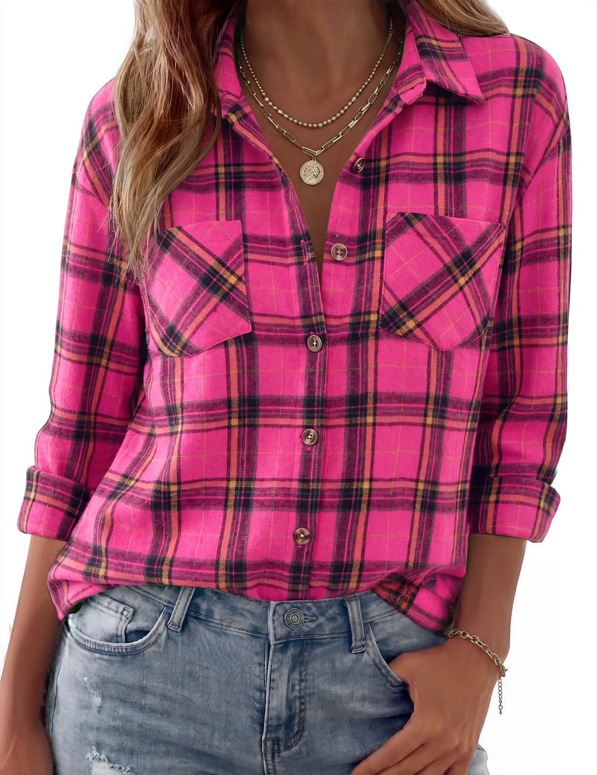 Collared Check Flannel Button Up Shirt - Rose