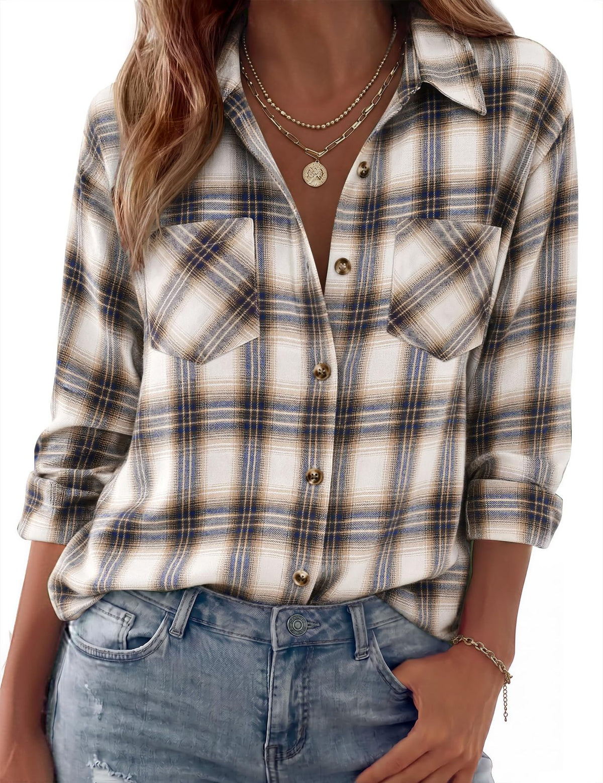 Collared Check Flannel Button Up Shirt - White