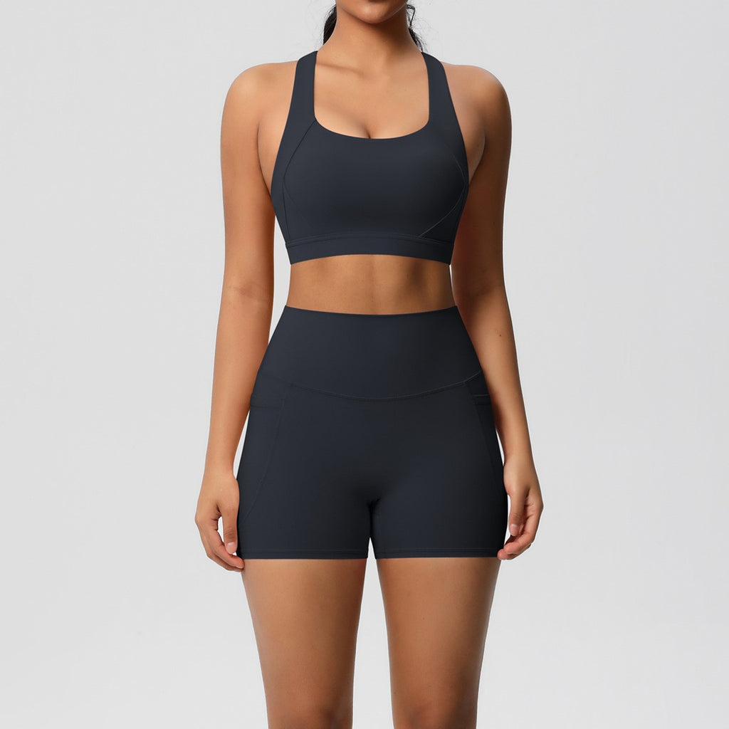 Brushed Cross Back Bra Biker Shorts Workout Set - Black