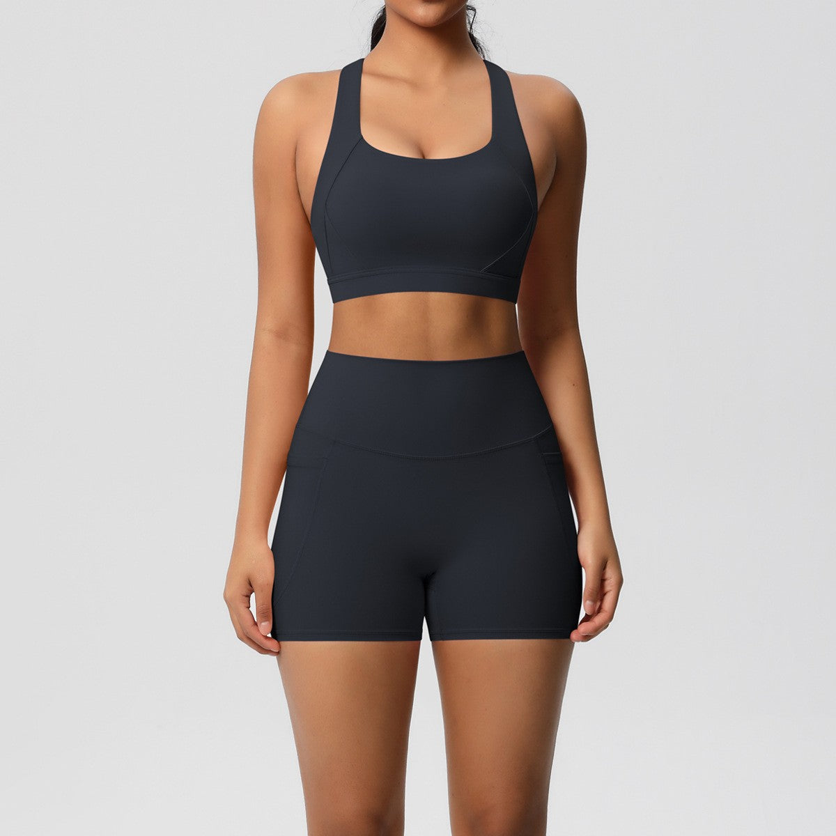 Brushed Cross Back Bra Biker Shorts Workout Set - Black