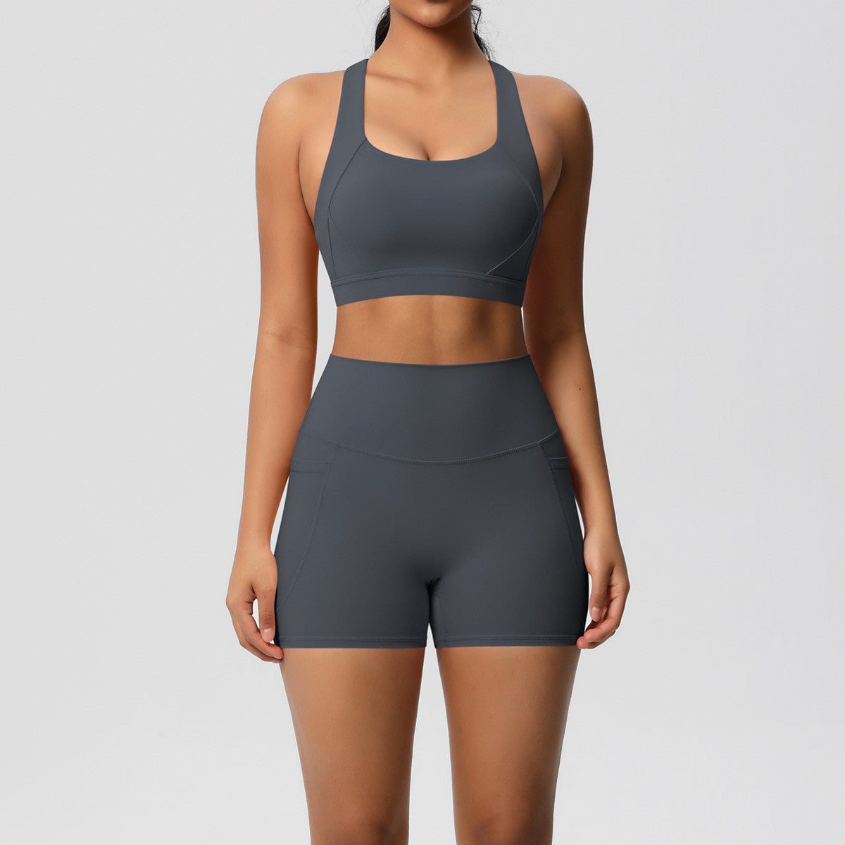 Brushed Cross Back Bra Biker Shorts Workout Set - Graphite