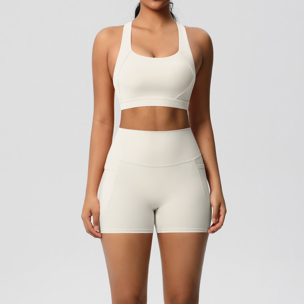 Brushed Cross Back Bra Biker Shorts Workout Set - Ivory