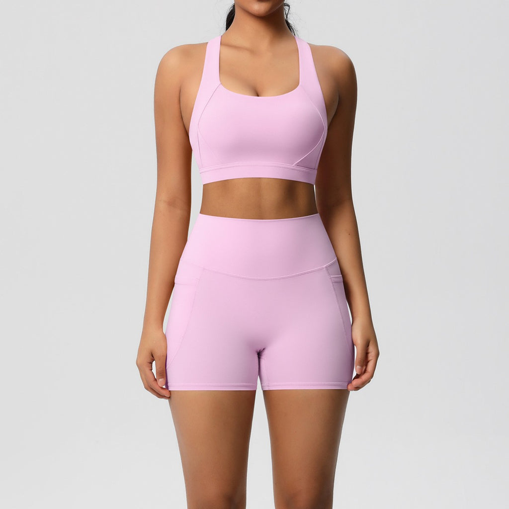 Brushed Cross Back Bra Biker Shorts Workout Set