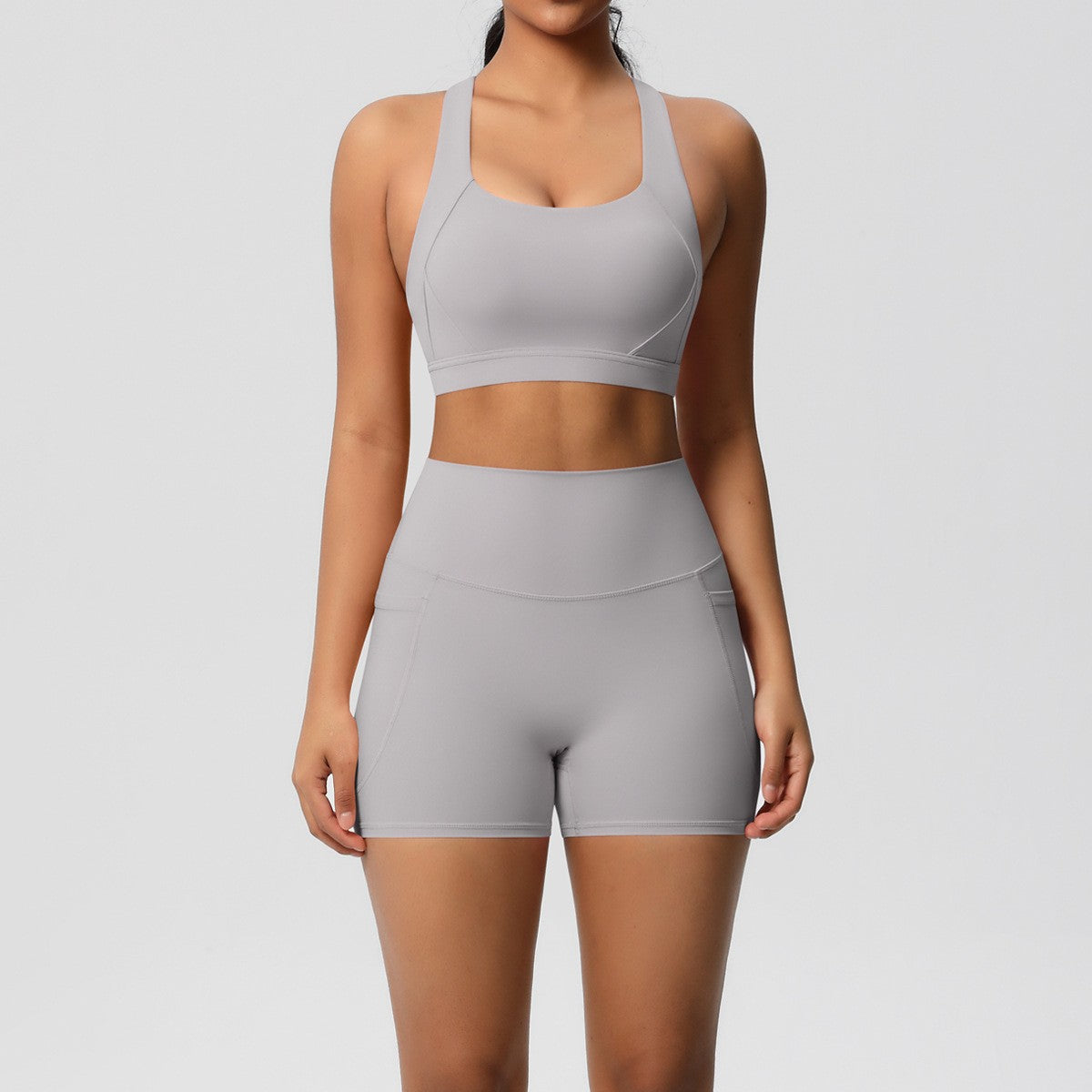 Brushed Cross Back Bra Biker Shorts Workout Set