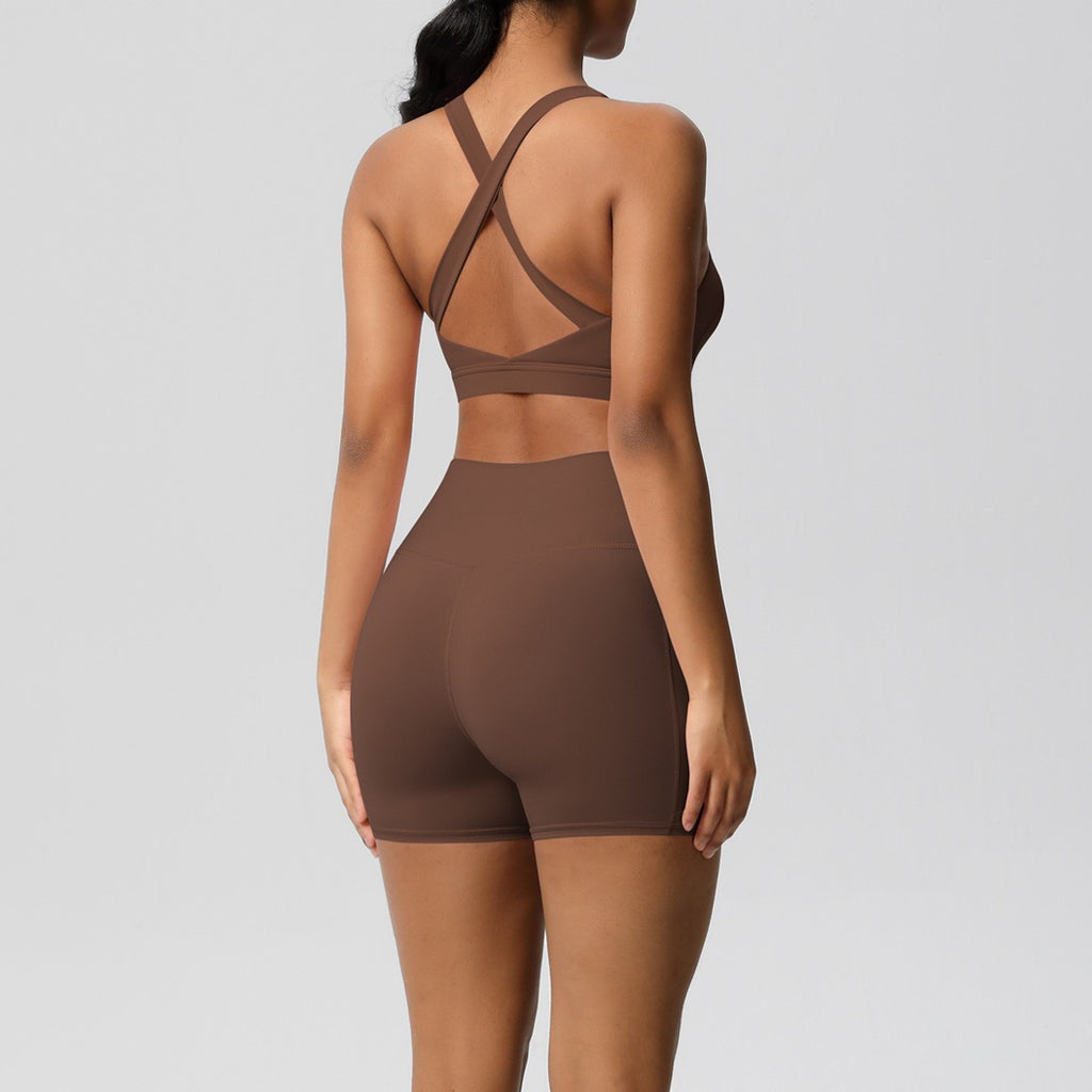 Brushed Cross Back Bra Biker Shorts Workout Set