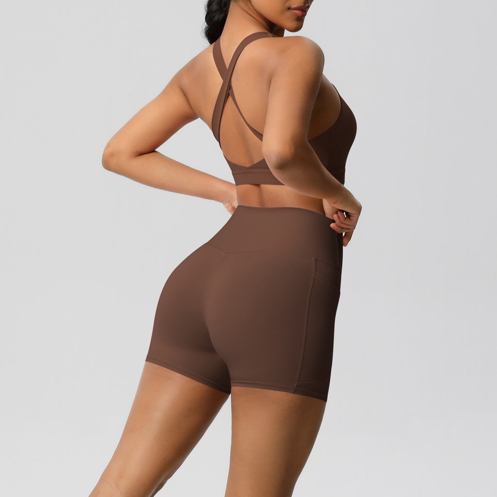 Brushed Cross Back Bra Biker Shorts Workout Set