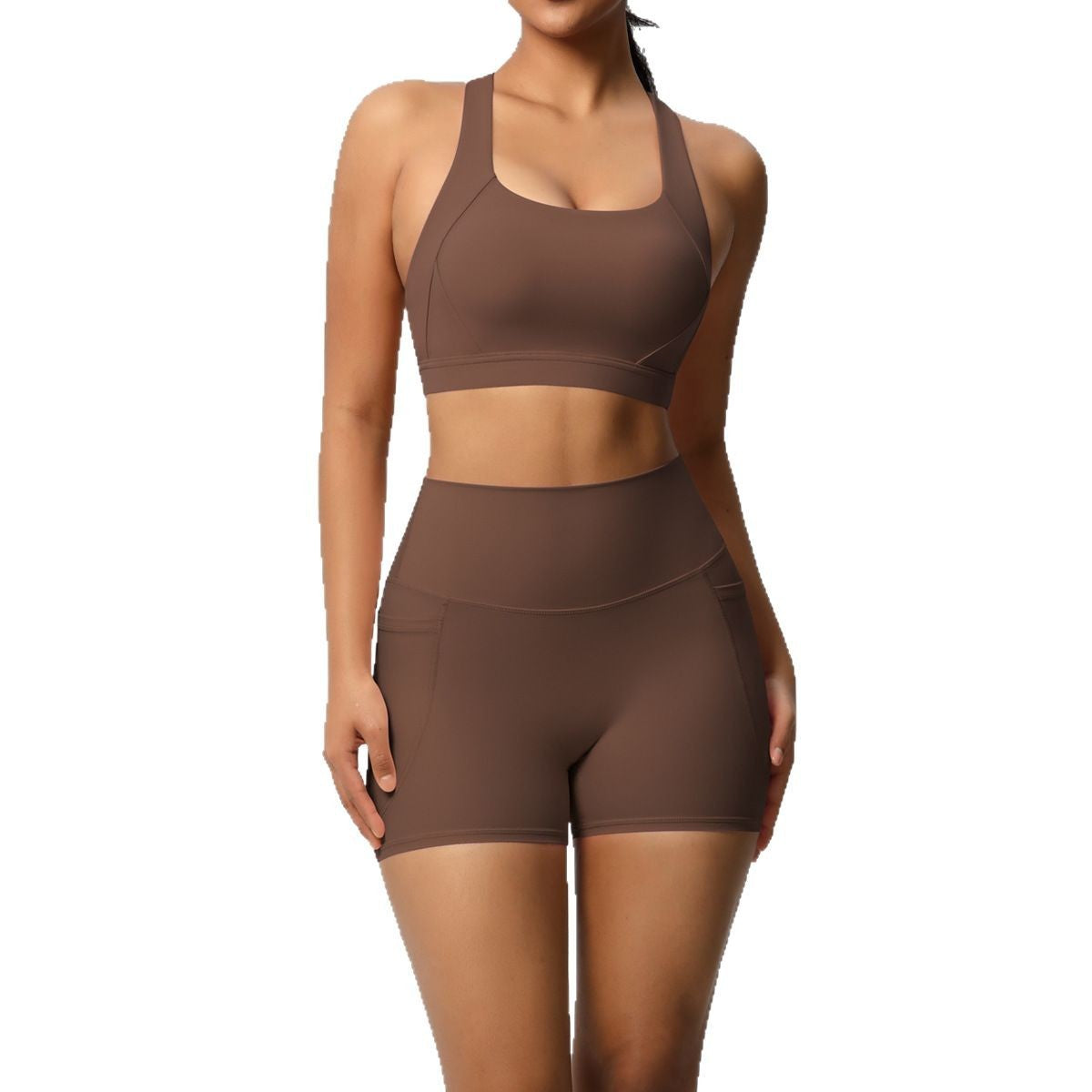 Brushed Cross Back Bra Biker Shorts Workout Set