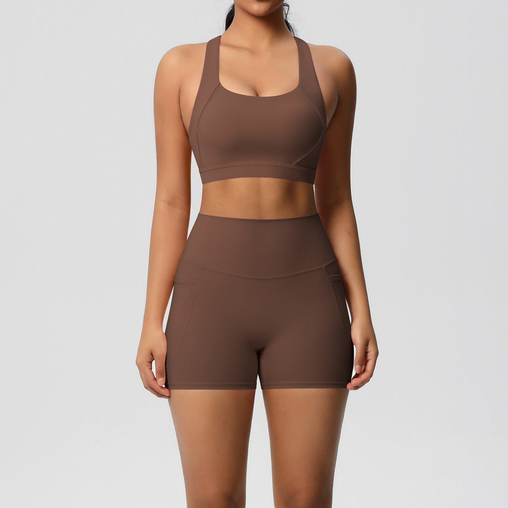 Brushed Cross Back Bra Biker Shorts Workout Set