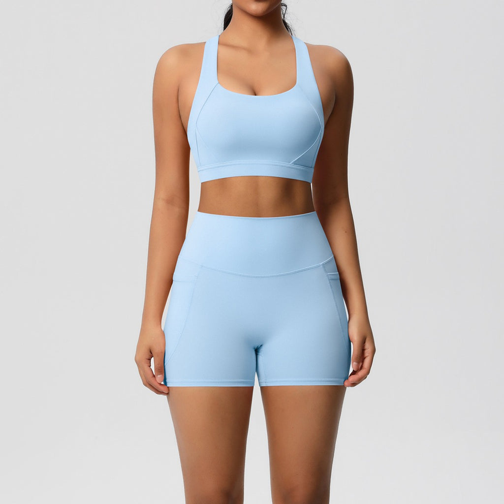 Brushed Cross Back Bra Biker Shorts Workout Set