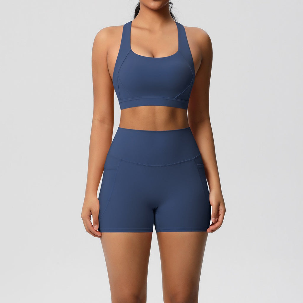 Brushed Cross Back Bra Biker Shorts Workout Set