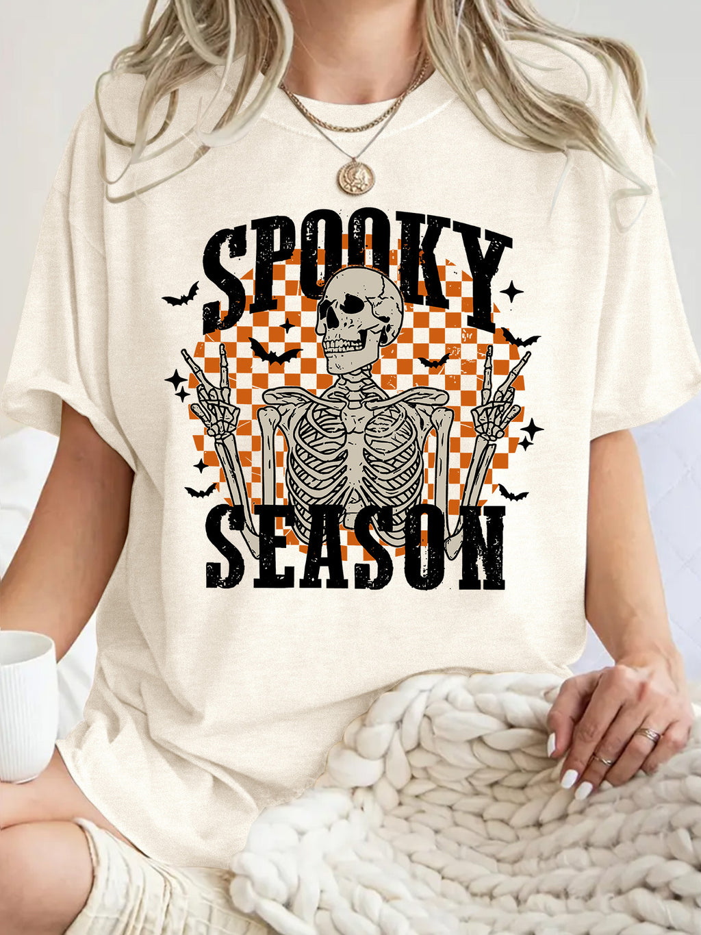 Checkerboard Skeleton Halloween Graphic Tee - Apricot