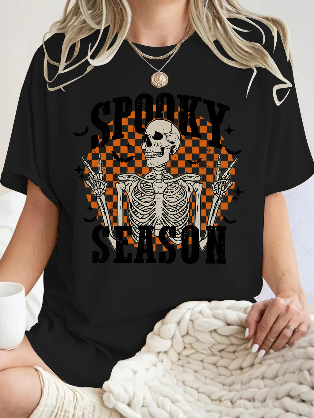 Checkerboard Skeleton Halloween Graphic Tee - Black