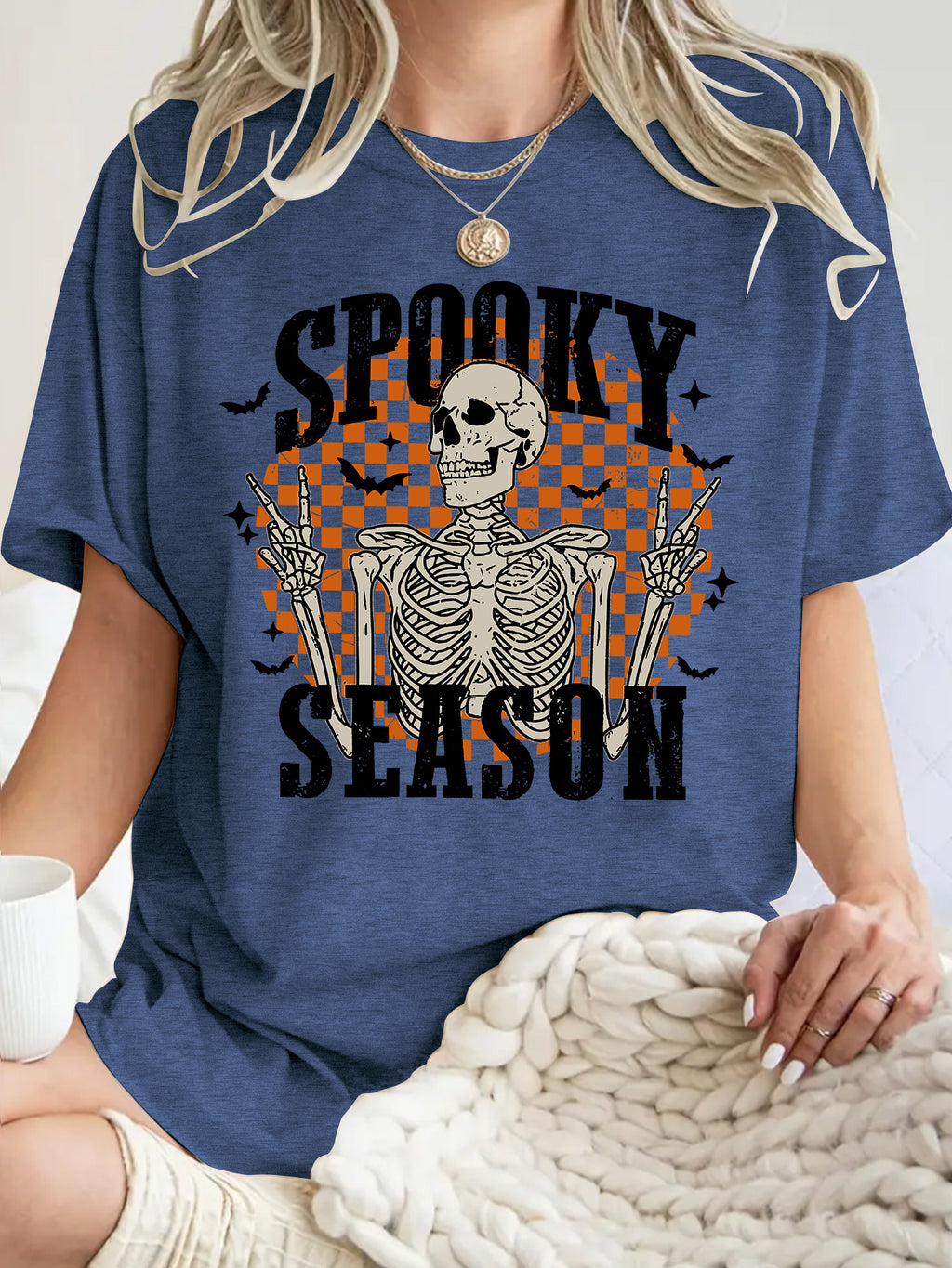 Checkerboard Skeleton Halloween Graphic Tee - DarkBlue
