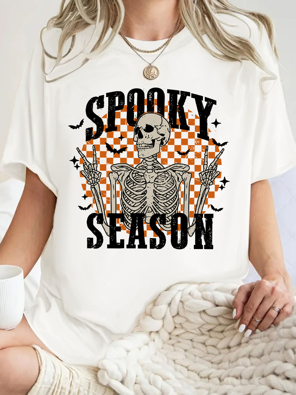 Checkerboard Skeleton Halloween Graphic Tee - White
