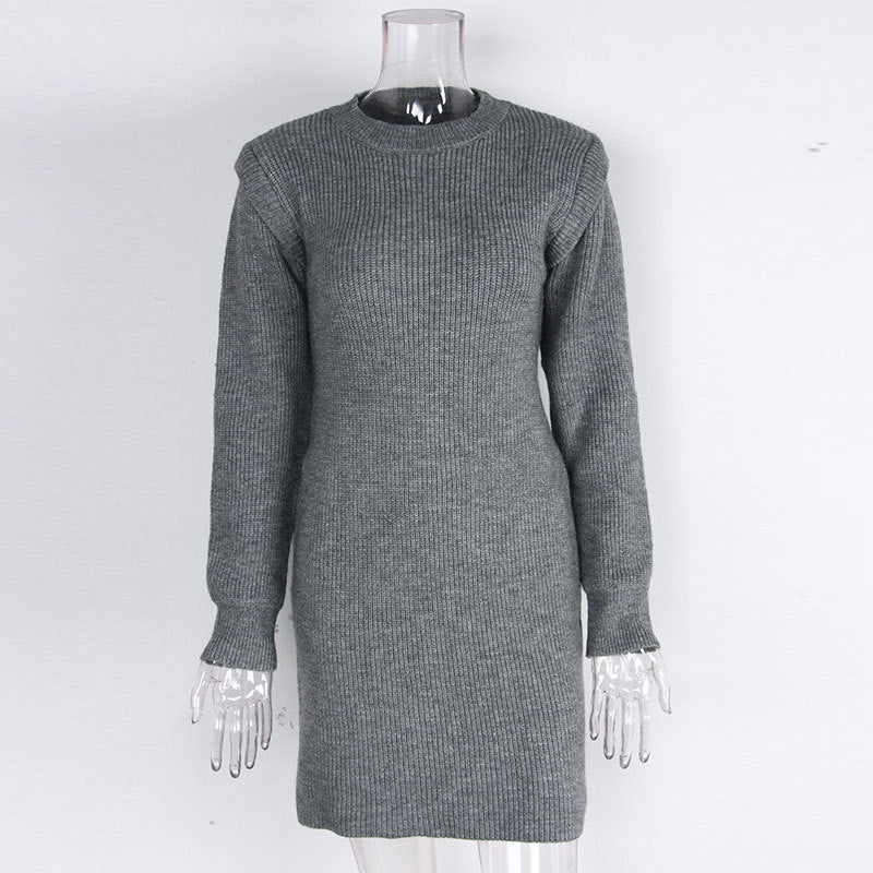 Ribbed Knit Puff Shoulder Mini Dress - Grey - 2