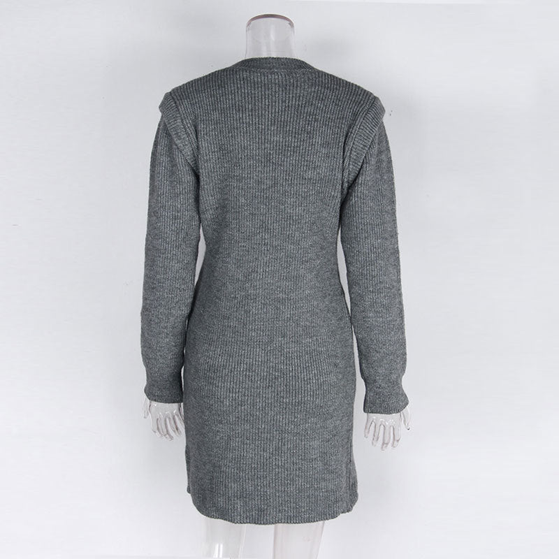 Ribbed Knit Puff Shoulder Mini Dress - Grey - 3