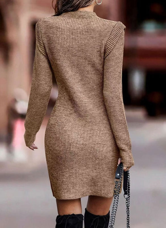 Ribbed Knit Puff Shoulder Mini Dress - Khaki - 1