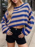 Striped Oversized Cropped Boat Neck Sweater - Blue