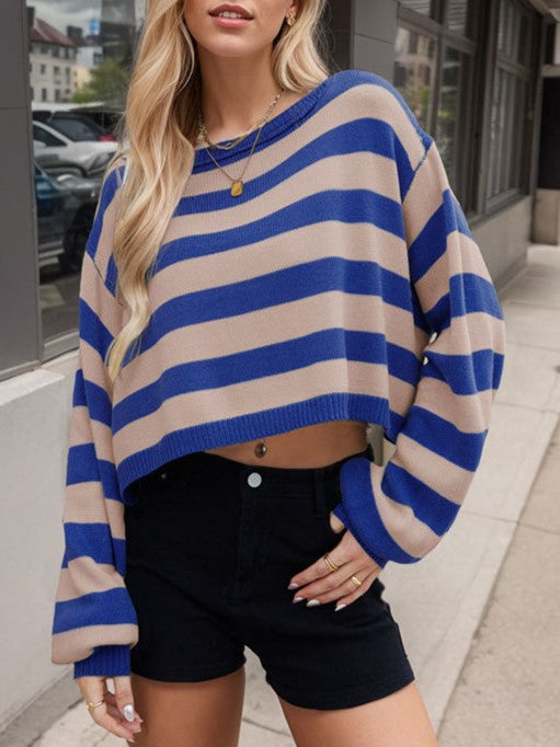 Striped Oversized Cropped Boat Neck Sweater - Blue - 2