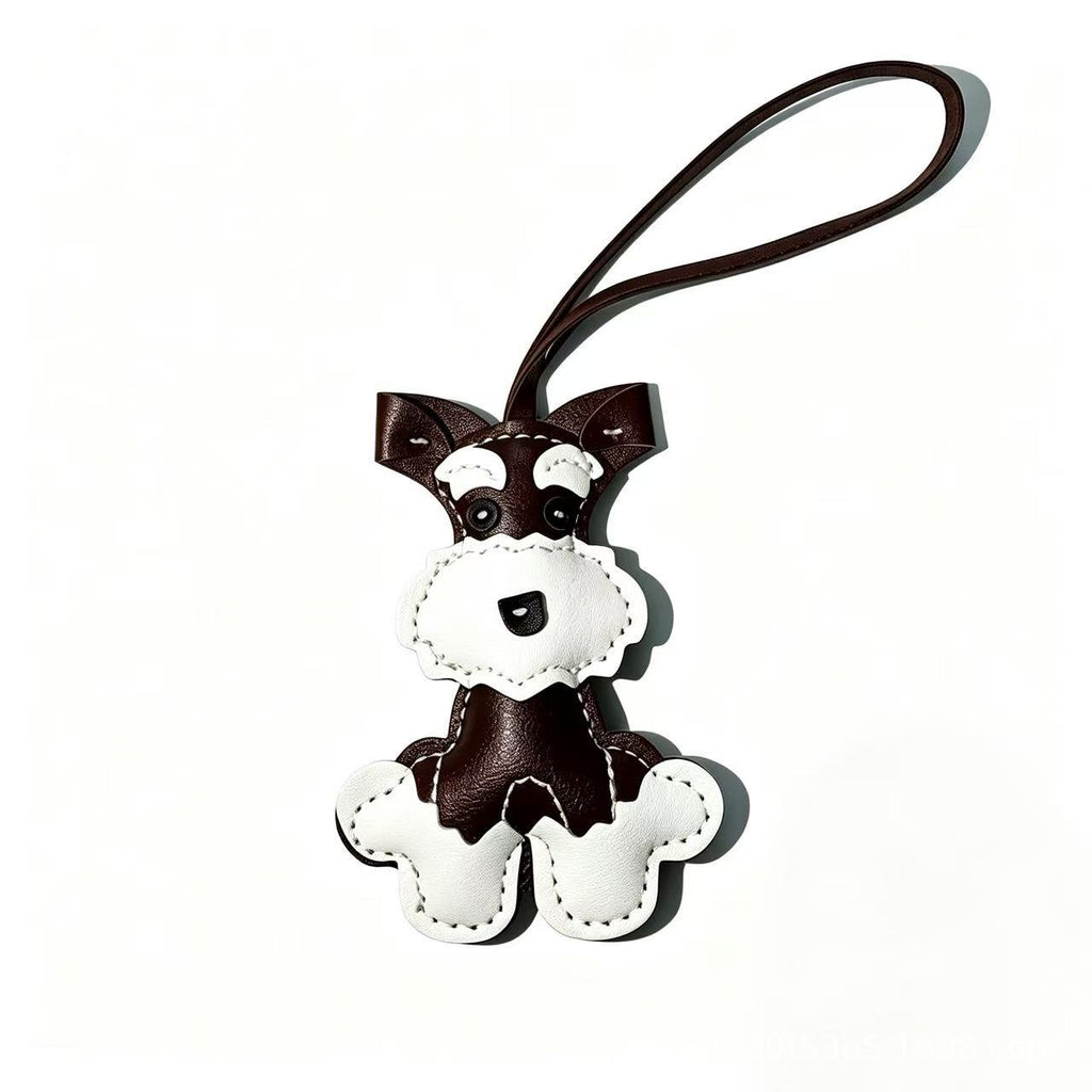 Faux Leather Stitched Schnauzer Dog Bag Charm - Coffee