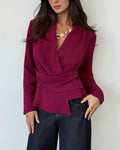 Ruched Wrap Front Peplum Long Sleeve Top - Wine-Red