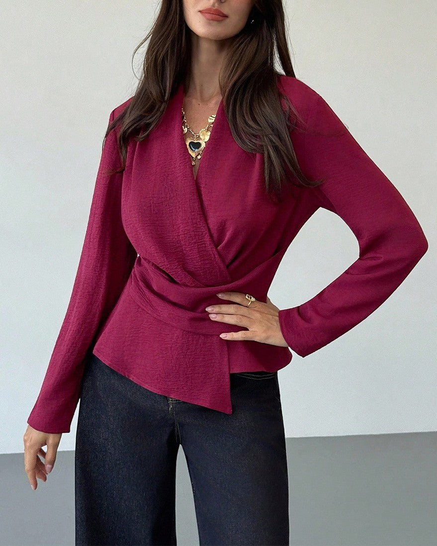 Ruched Wrap Front Peplum Long Sleeve Top - Wine-Red - 1