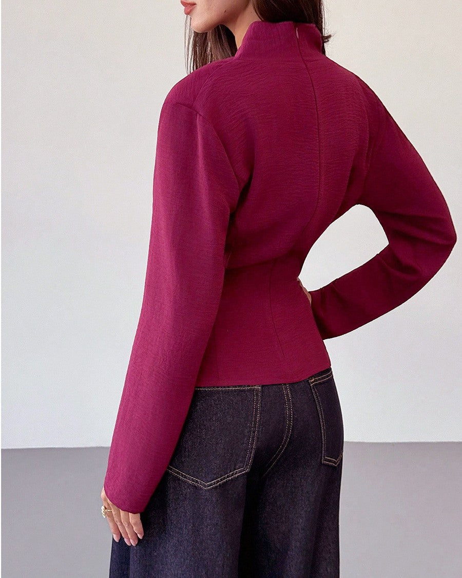 Ruched Wrap Front Peplum Long Sleeve Top - Wine-Red - 3