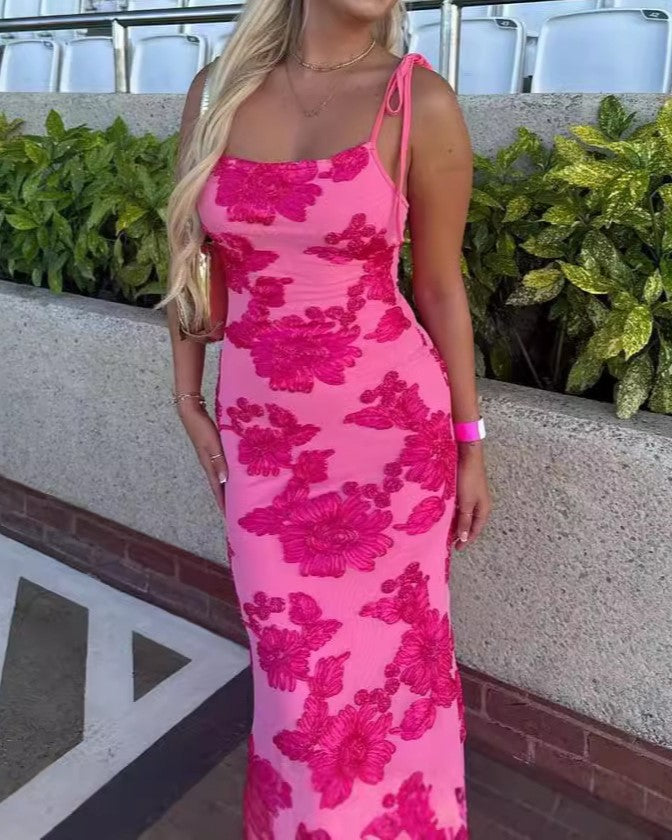 Floral Burnout Tie Strap Bodycon Maxi Dress - RoseRed - 1