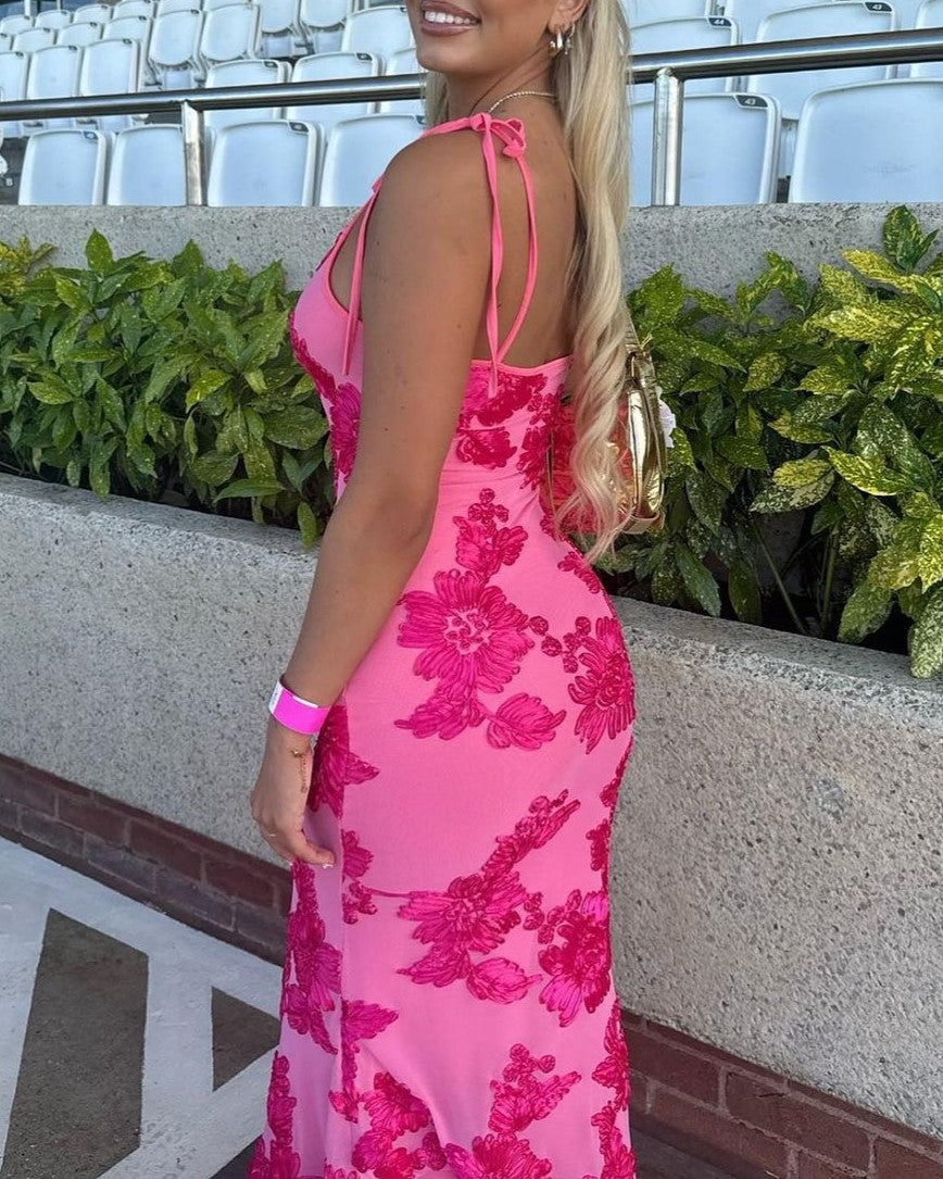 Floral Burnout Tie Strap Bodycon Maxi Dress - RoseRed - 2