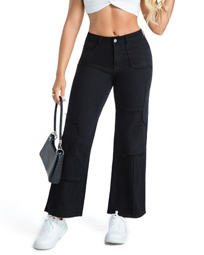 Contrast Stitch Patchwork Wide Leg Jeans - Black