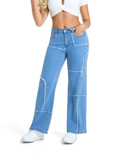 Contrast Stitch Patchwork Wide Leg Jeans - Light-Blue
