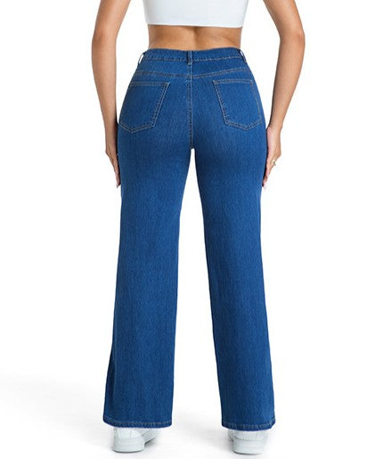 Contrast Stitch Patchwork Wide Leg Jeans - Mid-Blue