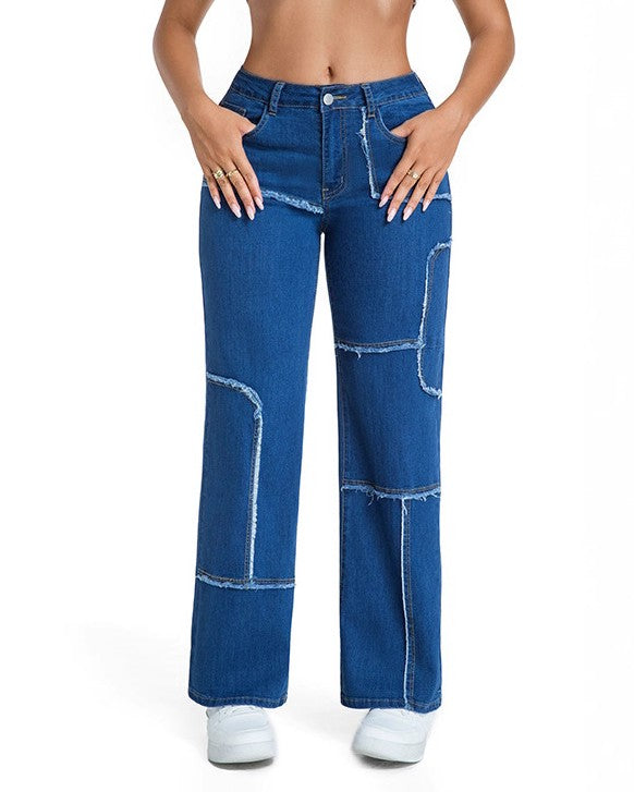 Contrast Stitch Patchwork Wide Leg Jeans - Mid-Blue - 1