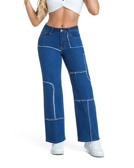 Contrast Stitch Patchwork Wide Leg Jeans - Mid-Blue - 2