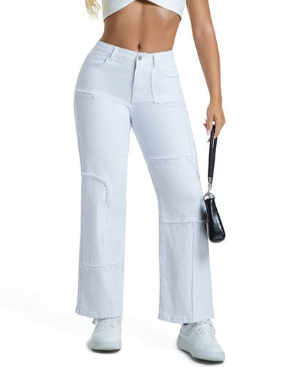 Contrast Stitch Patchwork Wide Leg Jeans - White