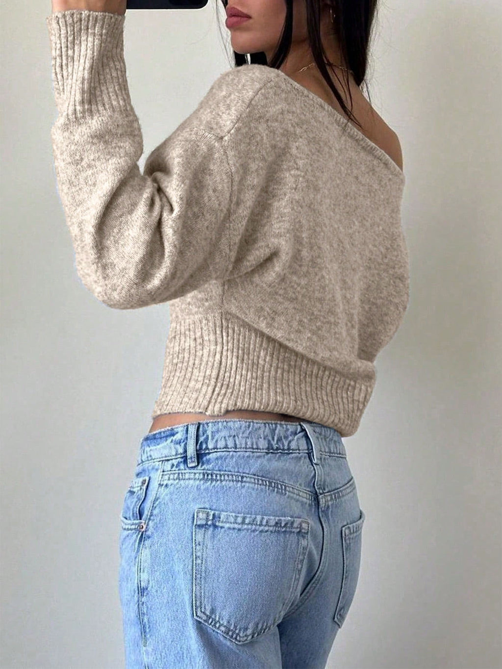 Slouchy Boat Neck Cropped Sweater - Khaki - 1
