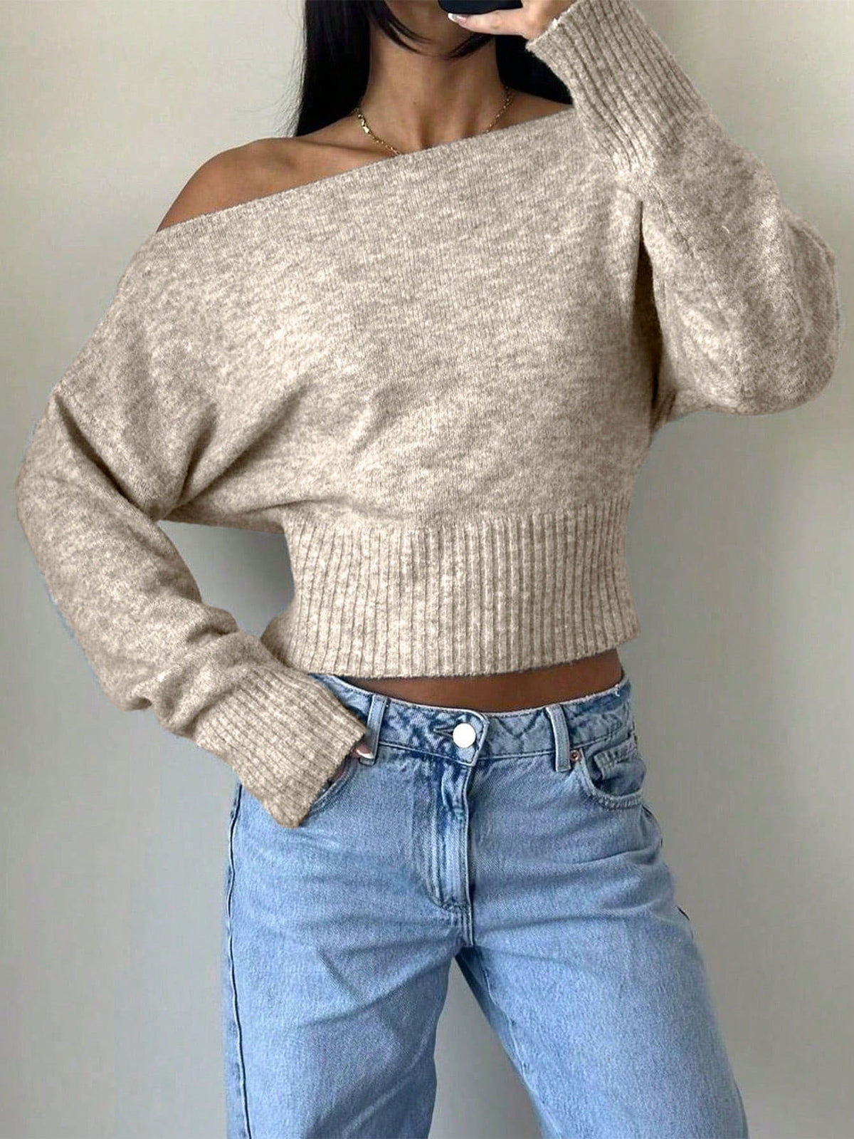 Slouchy Boat Neck Cropped Sweater - Khaki - 2