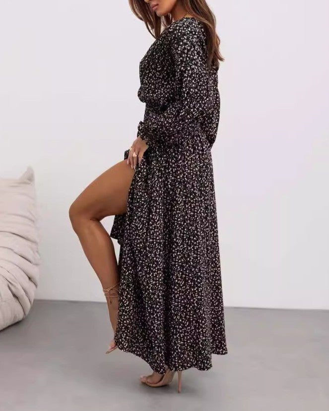 Boho Floral Wrap Maxi Dress With Slit - Black